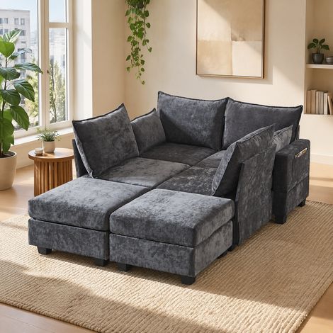 Divano modulare angolare con contenitore e letto, chenille grigio (1/5)