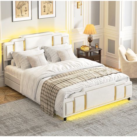 Lit 2 places 140x200 cm velours beige LED 4 tiroirs de rangement pour chambre - CHICFURN (1/5)