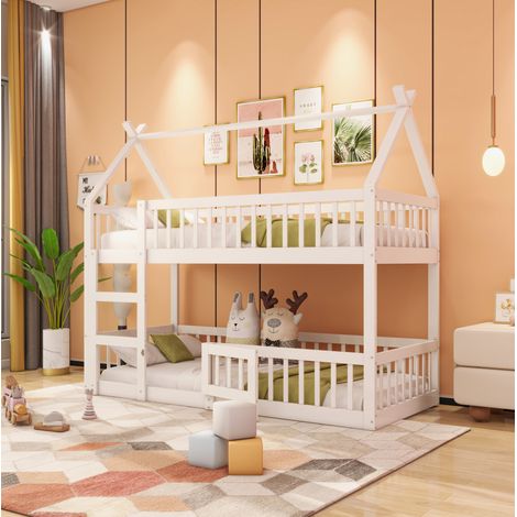 MEUBLIV Lit superposé enfant 90x200 cm blanc – avec escalier et toit, sans matelas (1/5)