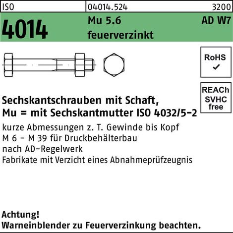 ISO 4014 Sechskant-Schaftschraube nach AD W7 für Druckbehälterbau M20x150 Stahl 5.6 feuerverzinkt 25 Stk (1/2)