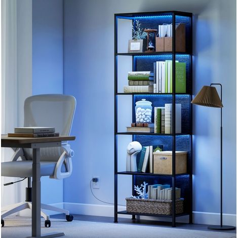 Bibliothèque en bois et acier noir 60 x 30 x 179 cm, 5 étagères ouvertes avec éclairage LED 7 couleurs (1/5)