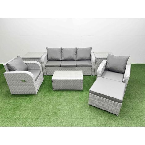 Fimous PE Rattan Garden Furniture Set Reclining Chair Sofa Lounge Sofa Set Oblong Coffee Table 2 Side Table Big Footstool Light Grey (1/4)