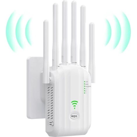 Repetidor WiFi potente, amplificador WiFi de última tecnología con 6 antenas que cubren un área de 10.000 m², 2 puertos LAN, repetidor WiFi para el hogar y la oficina (blanco). (1/5)