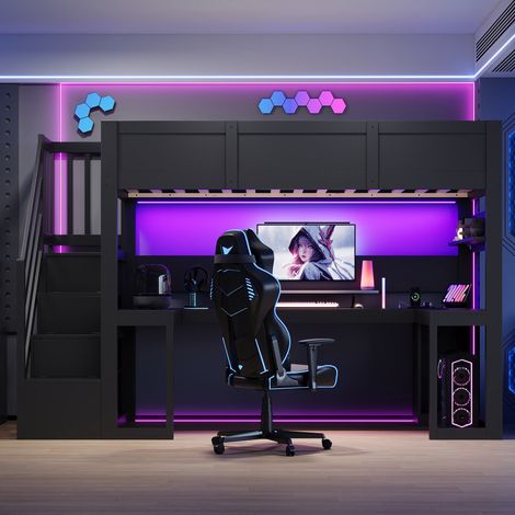 Letto a soppalco 90/200 cm nero con scrivania, LED, USB e scala contenitore (1/5)
