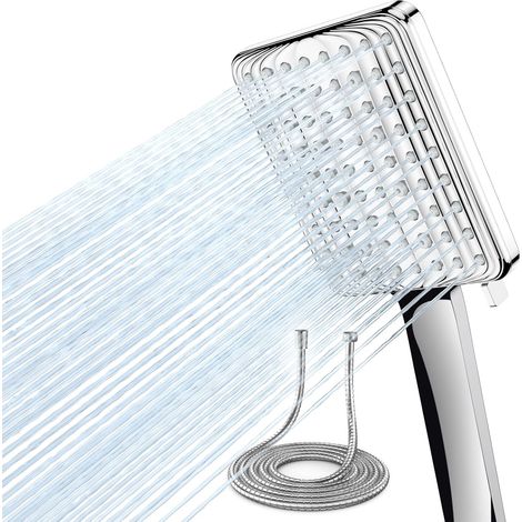 Pommeau de douche haute pression avec flexible de 1,8M, 6 modes buse carrée à économie d'eau, bouton de commande à une main et buse en silicone anti-obstruction, chromé, grand pommeau de douche (1/5)