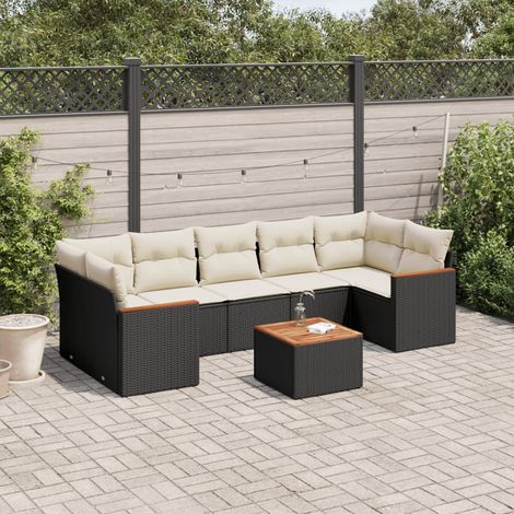Ensemble Salon Jardin 8 Places Noir Résine Tressée avec Table Acacia et Coussins Crème - Meuble Extérieur Modulaire (1/5)