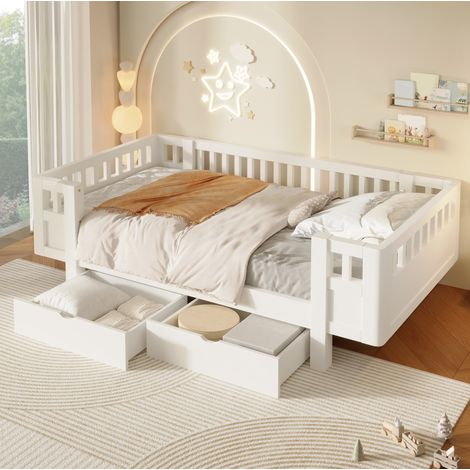 Letto per bambini 90x200 cm in legno e MDF bianco con 2 cassetti, senza materasso – MEUBLIV (1/5)