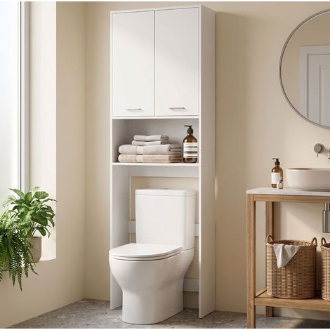 Meuble de rangement de salle de bain de rangement verticale 66 x 24 x 191 cm avec portes et niche ouverte, blanc, pour lave-linge (1/5)