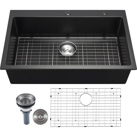 Évier de Cuisine 1 Bac Granit 83,8 cm Grande Cuve Simple Évier à Poser Résine Quartz Noir pour Meuble 900x600 mm (1/5)