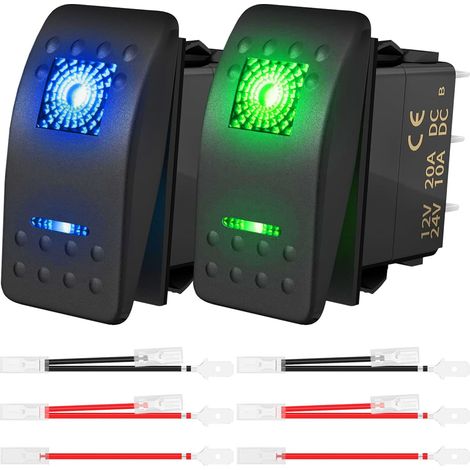 2pcs Switch basculeur basculeur DC 20A / 12V 10A / 24V SPST LED éclairé Switch basculeur imperméable 5Pin On / Off avec fils jumper Set pour UTV voitures camions RVs bateaux moto auto,  bleu vert