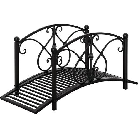Schwarze Metall-Gartenbrücke mit seitlichem Geländer, Tragkraft 150 kg, Abmessungen 102x48x49 cm, Außendekoration.