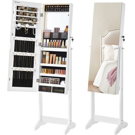 Armoire à Bijoux sur Pied, Rangement Bijoux avec Miroir Psyché Sans Cadre, Éclairage LED, Miroir de Maquillage Intégré, 2 Tiroirs, Verrouillable, Blanc Nuage JJC023W01 (1/5)