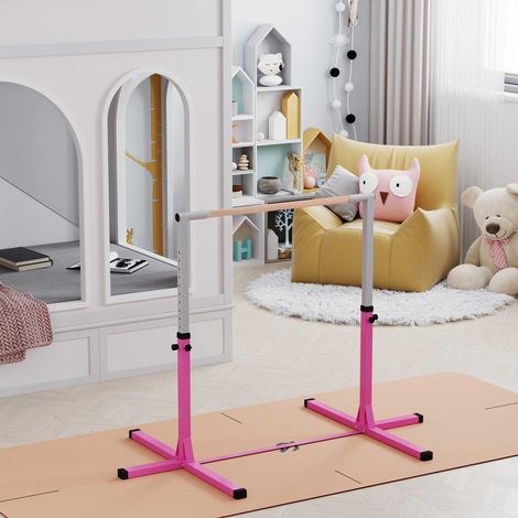 Gymnastikstange für Kinder, höhenverstellbar Turnreck Reckstange, Reck Turnstange für Indoor & Outdoor aus Holz & stabile Stahlkonstruktion bis 75 kg belastbar, für 3+ Kinder, Rosa (1/5)