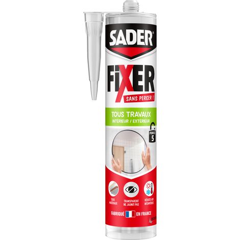 Sader FIXER Sans Percer Tous Travaux Intérieur/Extérieur Transparent - Mastic Colle Hybride, Collage Puissant, Tous Matériaux, Peut se Peindre, Cartouche 300g (1/5)