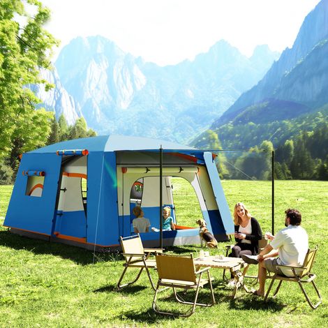 Tente familiale 4 6 personnes 2 chambres salon protection imperméable gris/bleu 430x305 cm