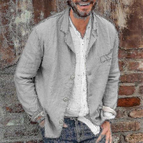 Chaqueta de traje informal de lino para hombre con solapa y botones (M Gris) (1/2)