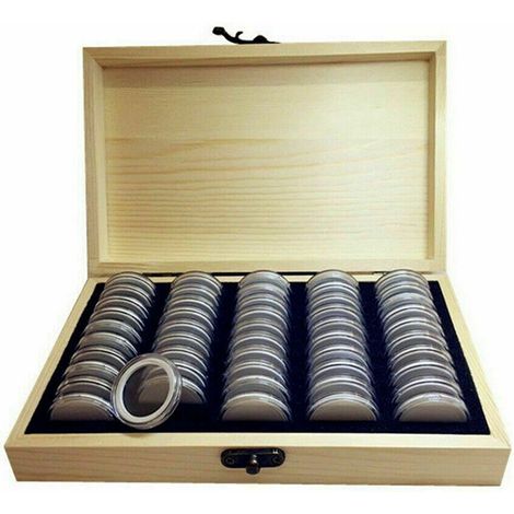 Boîte de rangement pour coins vintage en bois avec 50 pads et case EVA, 135x215x45mm, protection anti-oxydation double (1/3)