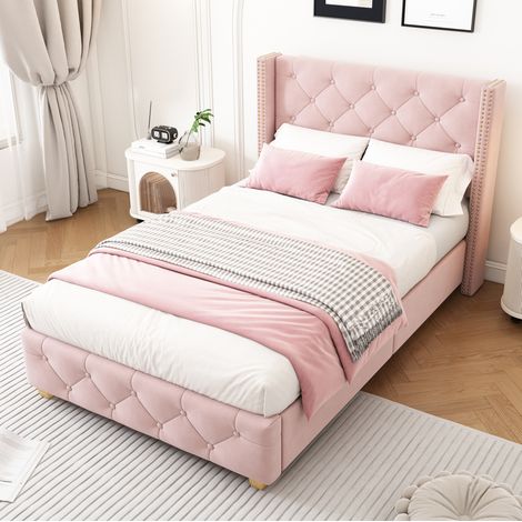 Cama tapizada moderna 90x190 cm de terciopelo rosa, con cabecero con alas capitoné y somier de láminas (1/5)