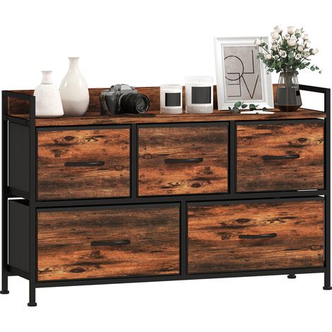 Cassettiera, mobile contenitore con 5 cassetti in tessuto pieghevoli, piano e struttura in acciaio, 98 x 29 x 63 cm, marrone rustico