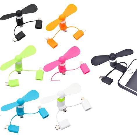3 en 1 Mini Ventilateur,6 Pièces Petit Ventilateur,Ventilateurs Silencieux,Mini Ventilateurs 3 en 1 Silencieux pour Téléphone i-Phone/Android/Type C,6 Couleurs (Noir+Blanc+Rose+Bleu+Orange+Vert)