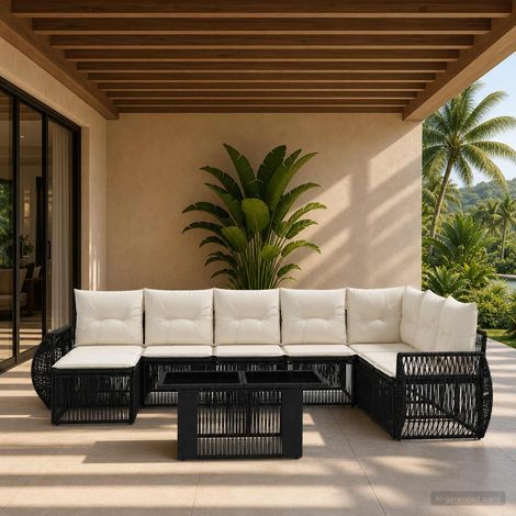 vidaXL Set Divano da Giardino 9 pz Nero e Bianco Crema polyrattan (1/5)