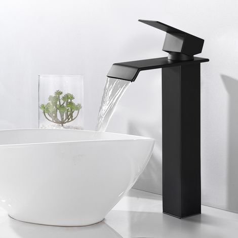 Rubinetto bagno a cascata nero, miscelatore monocomando alto per lavabo, rubinetto lavabo in ottone, miscelatore bagno elegante e moderno, altezza elevata (1/5)