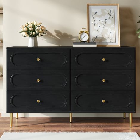 Credenza bassa, 120x40x75 cm, cassettiera a 6 cassetti per soggiorno e camera da letto, mobile contenitore moderno in MDF con gambe in metallo, nero (1/5)