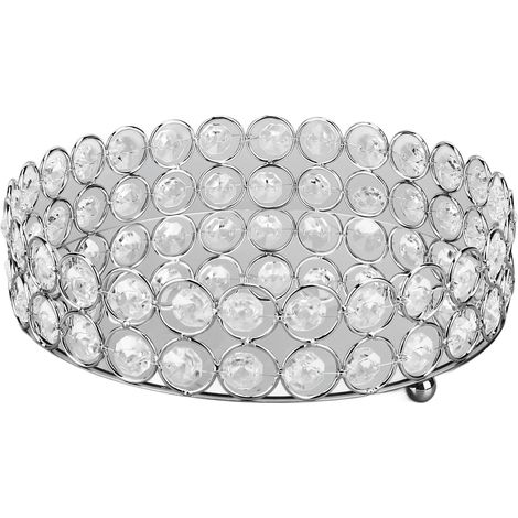 Plateau cosmétique rond en cristal de 20 cm (8 po), structure métallique soudée et miroir, idéal pour présenter aliments, parfums, bijoux et vin (argent). (1/5)