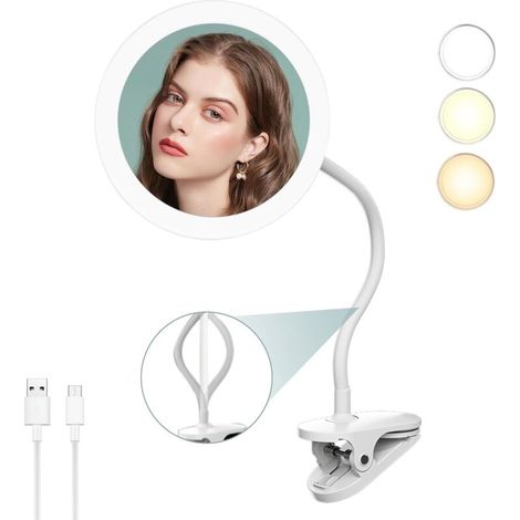 Miroir de Rasage à Clipser de 6,5" avec col de Cygne grossissant lumineux10x, (Blanc 5X) réglage du Miroir de Douche Rechargeable par USB