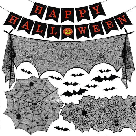 Décorations d'Halloween pour l'intérieur : écharpe de cheminée, banderole, chemin de table, nappe ronde en dentelle, effrayant (1/5)
