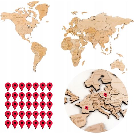 Carte du monde en bois avec effet 3D, L 105 x 60 cm, détaillée + 36 épingles (1/5)