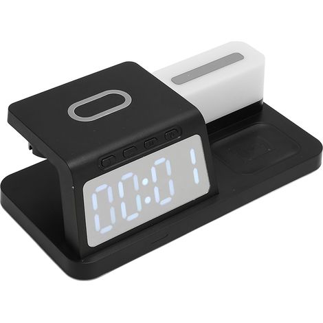 Réveil multifonctionnel avec chargeur sans fil, veilleuse et calendrier pour téléphone, montre et écouteurs (noir) (1/5)