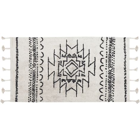 Alfombra de algodón blanco crema negro 80 x 150 cm geométrico borlas Khouribga (1/5)