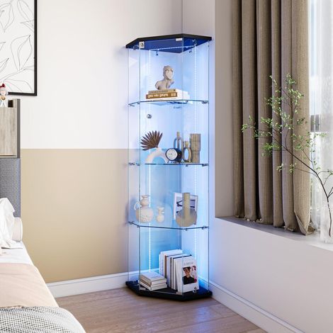 Eckvitrine mit LED und Schloss, 4 Etagen, gehärtetes Glas, schwarz (1/5)