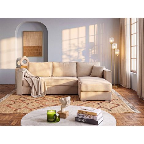 Canapé d'angle convertible express et réversible en velours côtelé beige - Couchage à lattes larges 140 cm - Matelas 14 cm LORETO (1/5)