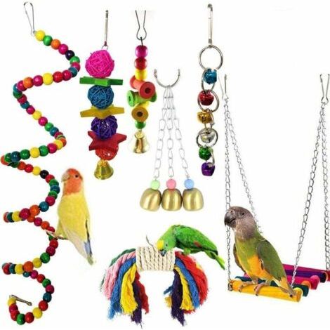 Perroquet Jouets Suspendus, 7 Pcs Oiseau Perroquet Jouets Oiseau Suspendu Cloche Jouet Oiseau Balançoire Suspendu Jouet Cage à Oiseaux Jouets pour Petits Perroquets, Aras, Perruches (1/5)