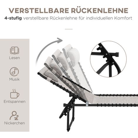Transat pliable jardin avec dossier ajustable 4 positions, résistant aux intempéries, charge max 120 kg, pour extérieur, plage, piscine, blanc crème. (1/4)