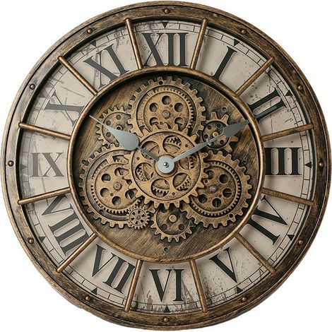 Horloge murale à engrenages vintage industriel – Diamètre 45 cm – Métal et bois – Style rustique ferme pour décoration intérieure (1/3)
