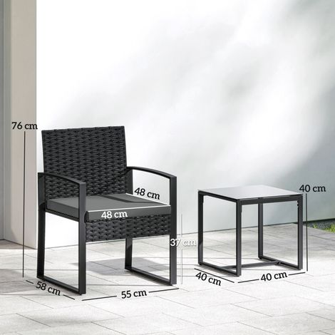 Ensemble bistrot en rotin,ensemble de meubles de jardin en 3 pièces avec 2 chaises de jardin,table basse,coussin amovible gris foncé