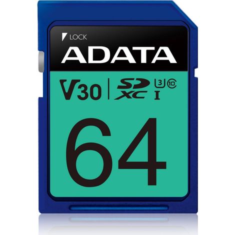 ADATA Premier Pro  Carte mémoire flash  64 Go  Carte mémoire SDXC UHS-I  Classe de vitesse vidéo V30 / UHS-I U3 / Classe 10