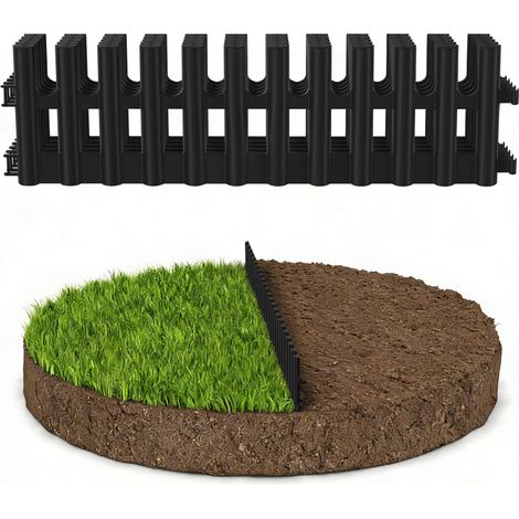 Randaco Beeteinfassung 2,6m – 6er Set 43x13cm Beetumrandung aus flexiblem Kunststoff – Rasenkante Palisade Zierzaun – schwarz inkl. 12 Erdankern (20cm)