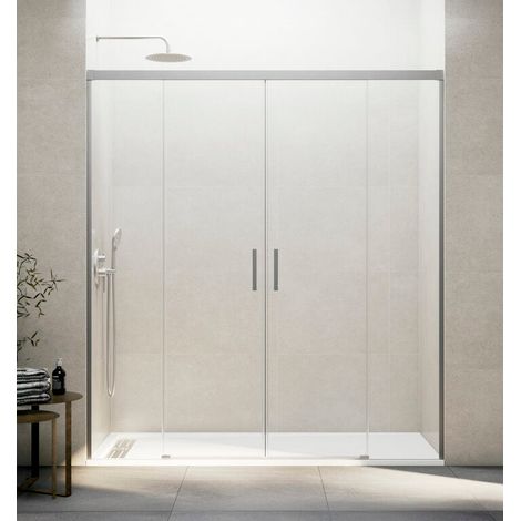 BASIC paroi de douche frontale avec deux portes coulissantes et deux panneaux fixes, 180 cm, verre transparent, finition nickel (1/5)