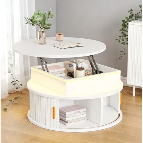Tavolino da caffè rotondo sollevabile 75 cm con LED, contenitore e ante a rullo, bianco (1/5)