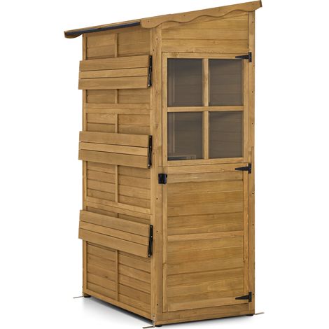 M MCombo Gartenschrank Gartenhaus Holz Wetterfest, Outdoor Schrank Wetterfest, Geräteschuppen Begehbar, für Außenbereich Balkon & Terrasse, Gerätehaus mit 3 feste Regale, 120×86×201 cm, 1753 (Natur)