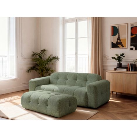 BOBOCHIC - Canapé droit fixe 3 places LAURA tissu chiné avec grand pouf Vert clair (1/5)