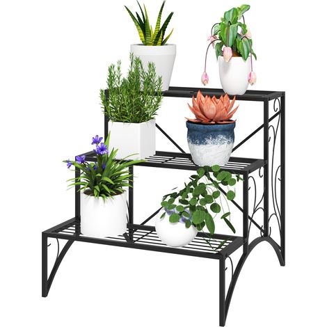 Étagère à Fleurs à 3 Niveaux en Échelle pour Intérieur et Extérieur en Métal, 60x60x60 cm, Noir (1/5)