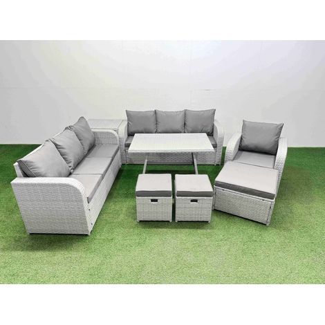 Fimous 8 Pieces Outdoor PE Rattan Garden Furniture with Cushions Reclining Chair Side Table 3 Stool Light Grey (1/4)