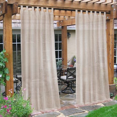 Rideaux transparents lin imperméables extérieurs, filtre de lumière et intimité. Fixation autocollante, 2 pièces naturelles 132x213 cm pour terrasse (1/5)