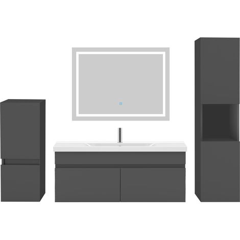 Ocean Ensemble meubles Salle De Bain 100cm vasque + colonnex2 + miroir LED Anthracite (1/5)