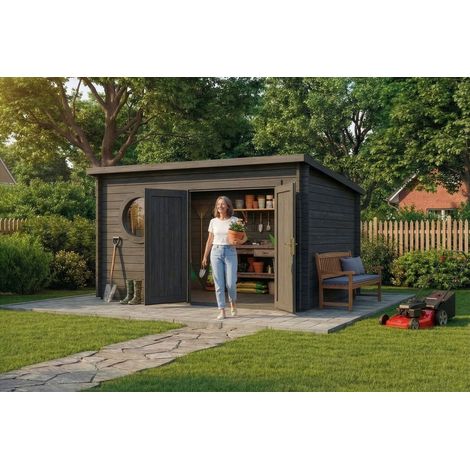 Alpholz Gartenhaus Maria Rondo B Gartenhaus aus Holz in Grau, Holzhaus mit 34 mm Wandstärke, Blockbohlenhaus mit Montagematerial